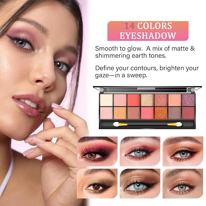 14 Colors Eyeshadow 02 + Eyebrow Powder + 2 Lip Gloss