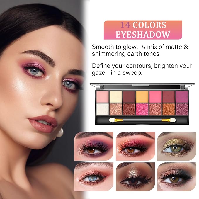 14 Colors Eyeshadow 01 + Eyebrow Powder + 2 Lip Gloss
